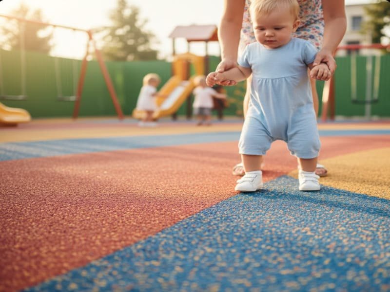 Contractor rolling out EPDM rubber flooring on concrete subfloor